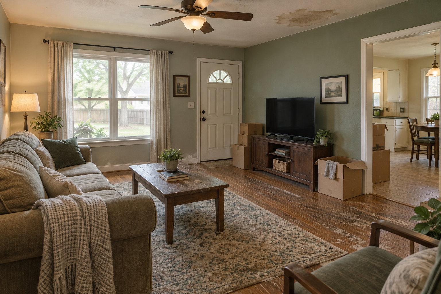 Texas home interior with deferred maintenance and moving boxes